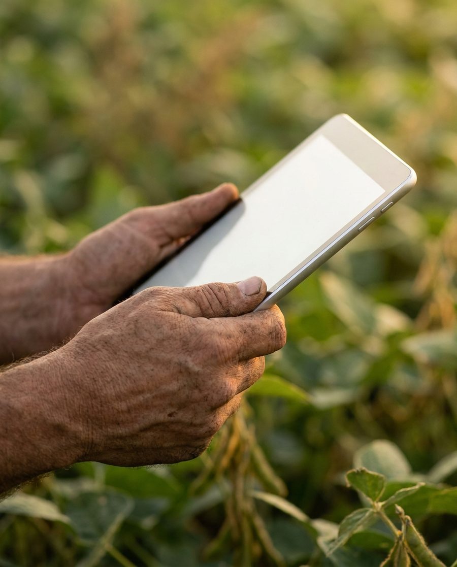 Mãos de um produtor segurando um tablet no meio da lavoura de soja.